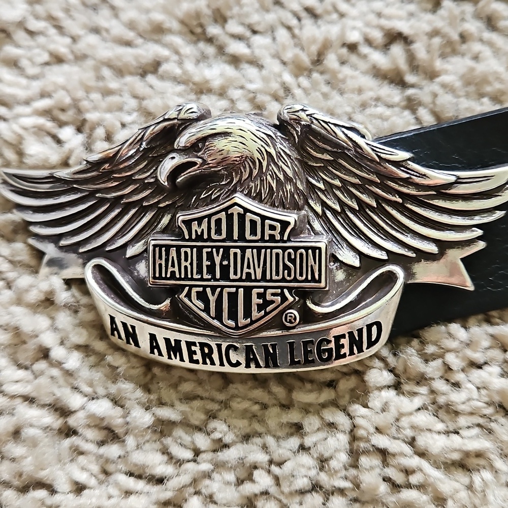 Harley Davidson Men's Black Leather Belt with Silver Buckle, Size 34 - Picture 4 of 7